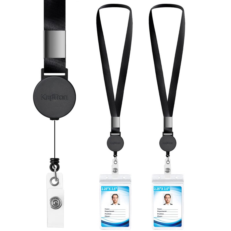 Kaptron 20 Inch Flat Polyester ID Lanyard with Retractable Badge Reel and Vertical Name Badge Holder (2 Pack) for Offices, Schools, Drivers Licence - Image 1